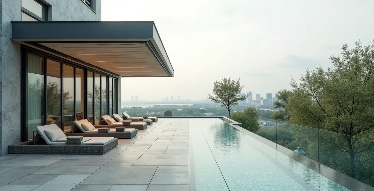 Vue aérienne d'une terrasse protégée dans différents environnements