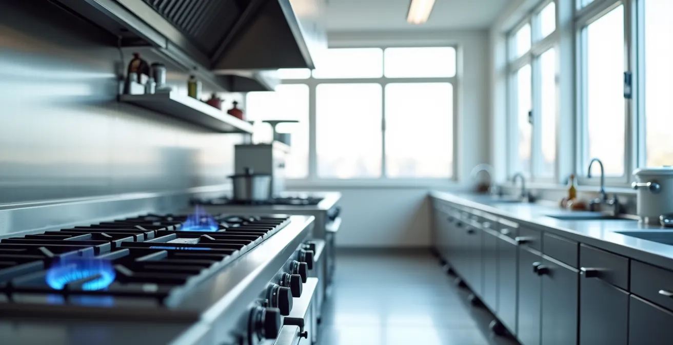 Vue d'ensemble d'une cuisine professionnelle moderne avec équipements au propane