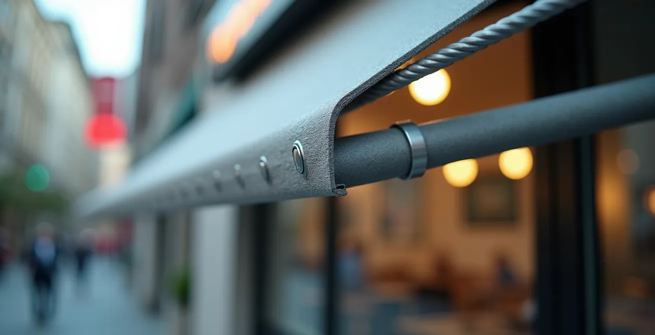 Détail technique de bras articulés de store protégés dans leur coffre en aluminium