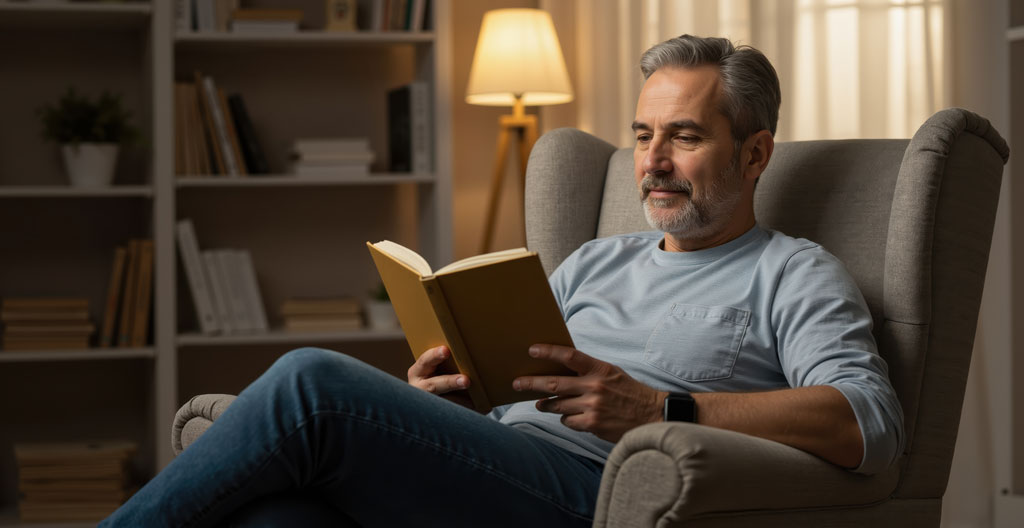 Personne lisant un grand livre ancien dans un fauteuil confortable, moment intime de lecture