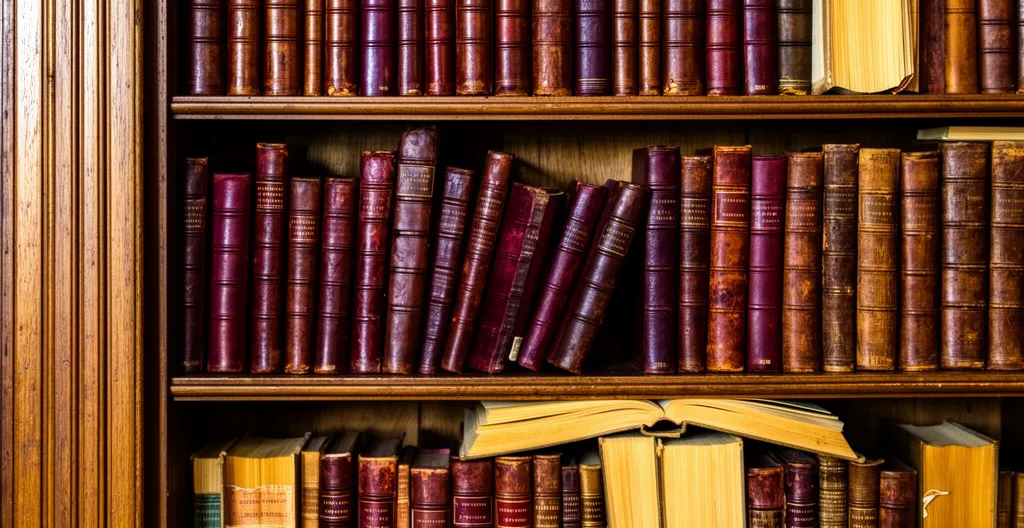 Étagère de bibliothèque ancienne avec beaux livres reliés cuir, patrimoine littéraire