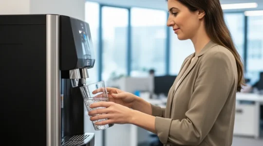 Collaborateur se servant un verre d'eau à une fontaine moderne dans un bureau