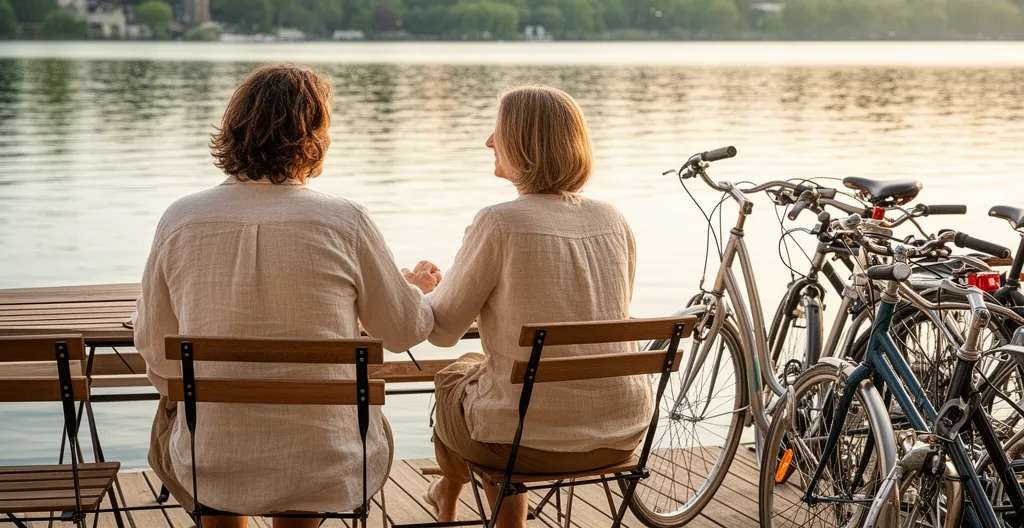 Couple en pause café sur une terrasse avec vue sur le lac d'Annecy et vélos garés à proximité
