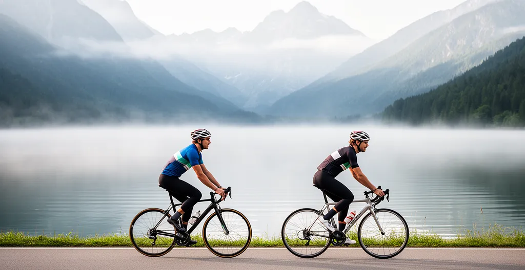 Cyclistes sur piste cyclable du lac d'Annecy dans la lumière douce du matin