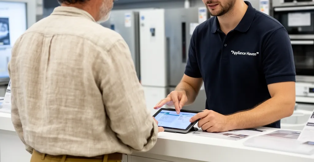 Client en discussion avec conseiller électroménager dans un magasin indépendant de proximité
