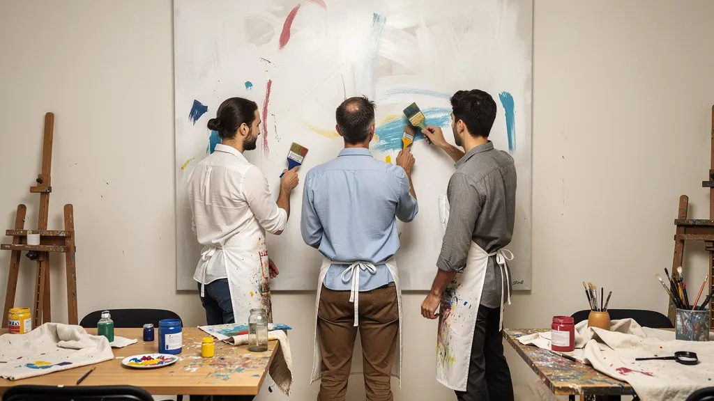 Équipe travaillant sur une fresque collective en entreprise