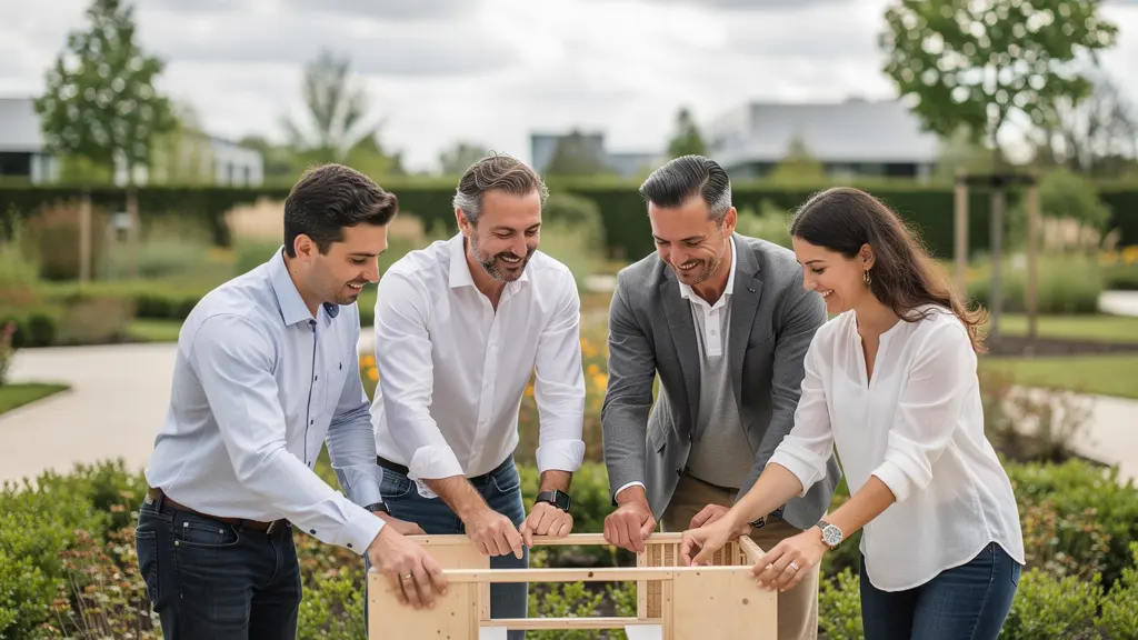 Collaborateurs en activité team building collective en extérieur