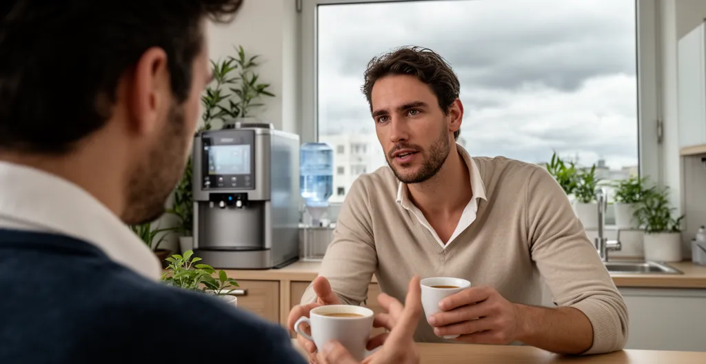 Collaborateurs lors d'une pause café près d'une fontaine à eau en entreprise