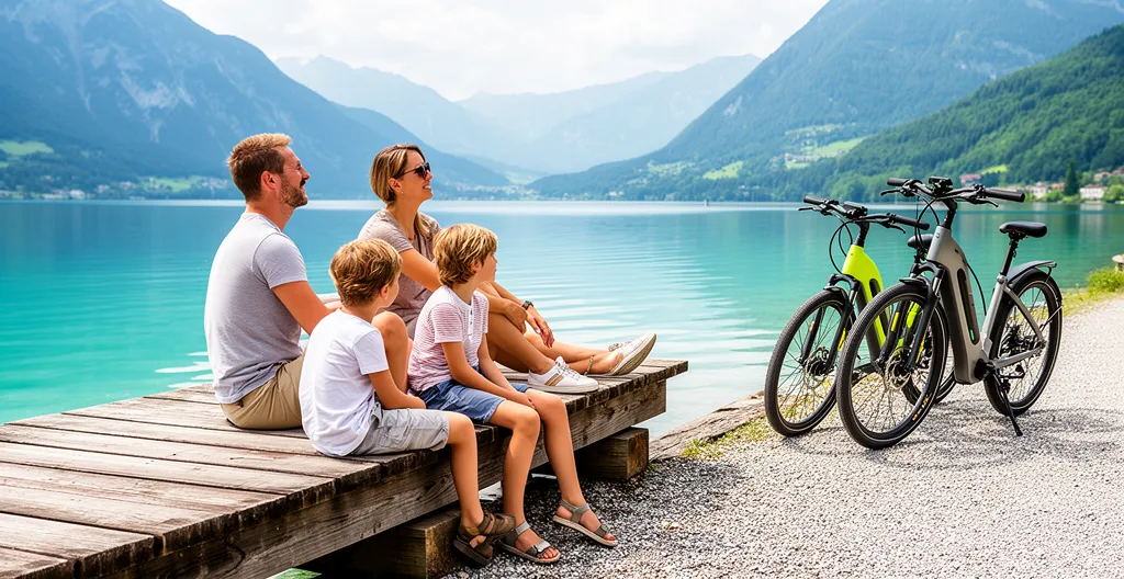 Famille en pause vélo électrique au bord du lac d'Annecy avec montagnes