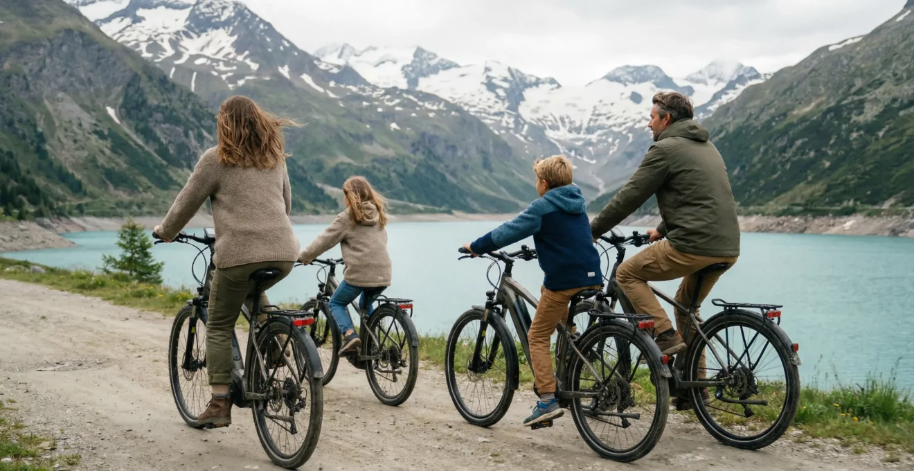 Famille pédalant sur vélo électrique le long de la piste cyclable du lac d'Annecy avec vue sur les montagnes