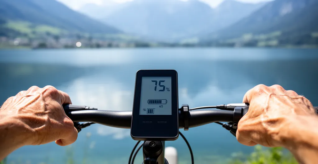 Vue guidon vélo électrique avec indicateur batterie et lac d'Annecy flou en arrière-plan