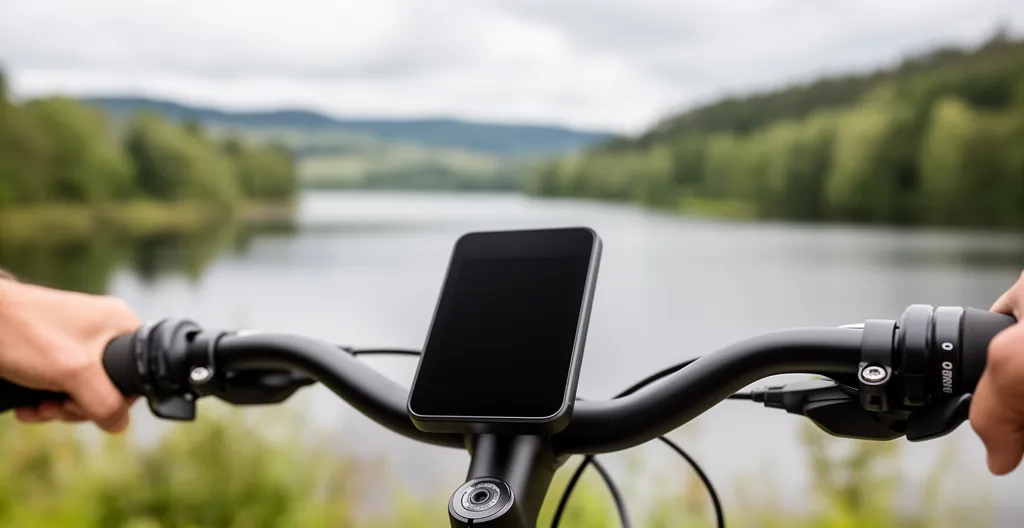 Guidon de vélo électrique avec écran d'assistance et paysage du lac d'Annecy en arrière-plan flou