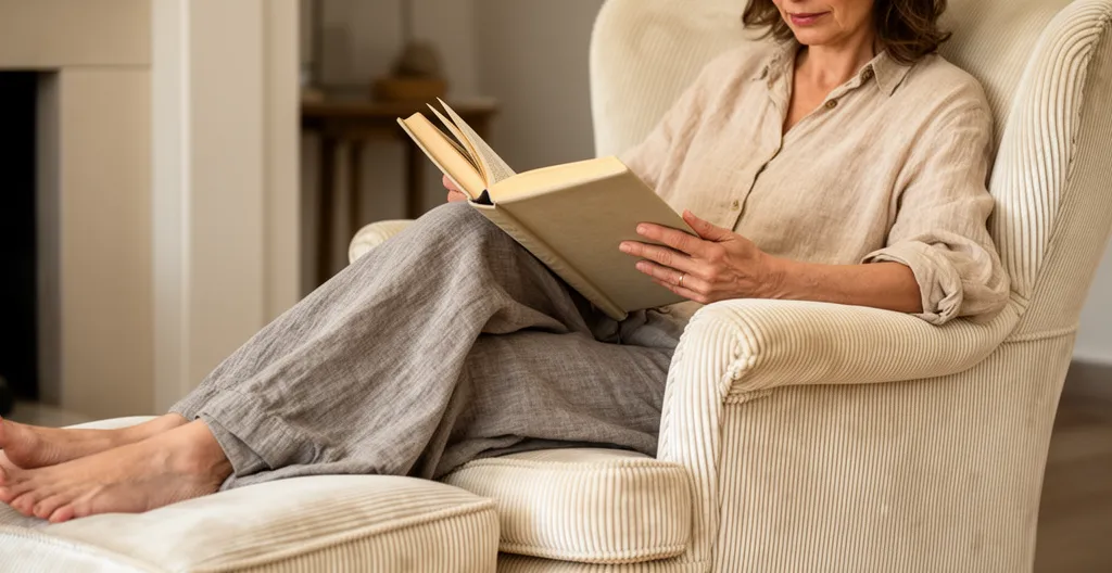 Personne lisant un grand livre ancien dans un fauteuil confortable, moment intime de lecture