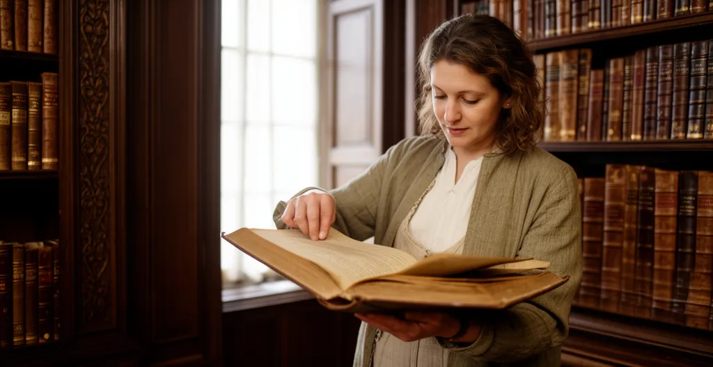 Personne feuilletant un livre ancien dans une bibliothèque privée, ratures manuscrites