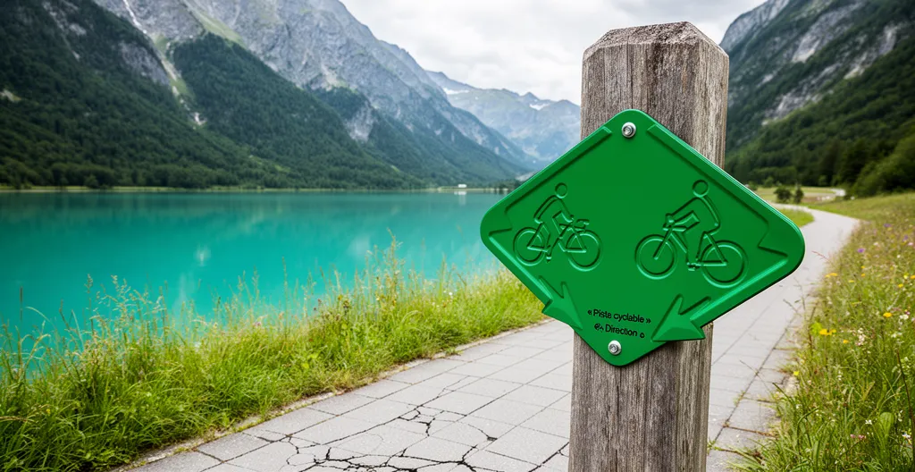 Panneau indicateur de distance sur la piste cyclable avec vue sur le lac d'Annecy en arrière-plan