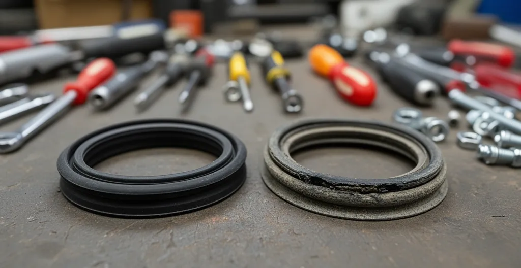 Comparaison entre un joint de hublot neuf et un joint usagé sur établi de réparateur