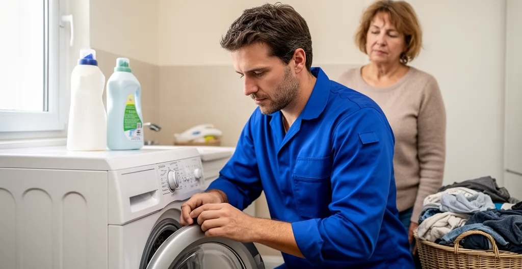 Technicien SAV de proximité inspectant un lave-linge dans une buanderie familiale