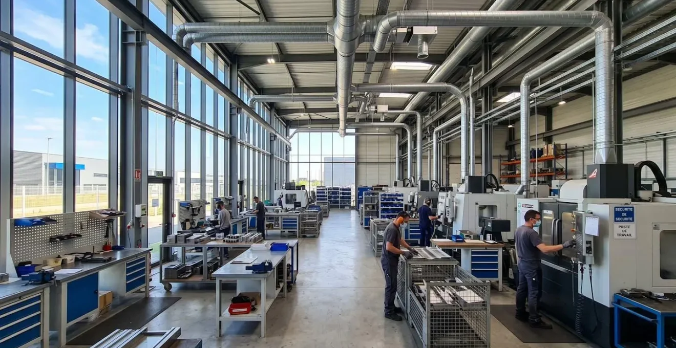 Vue large d'un atelier industriel moderne et lumineux avec gaines de ventilation et extracteurs muraux visibles, espace organisé sans présence humaine au premier plan, lumière naturelle abondante