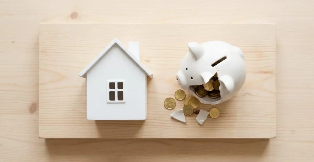 Maquette de maison blanche et tirelire en céramique sur fond bois clair, symbolisant l'épargne pour un projet immobilier.