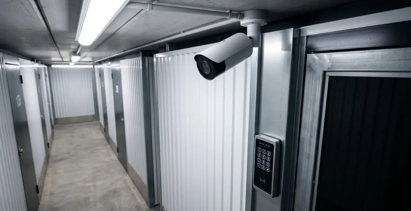 Caméra de surveillance moderne montée au plafond d'un centre de stockage avec panneau de contrôle d'accès par badge