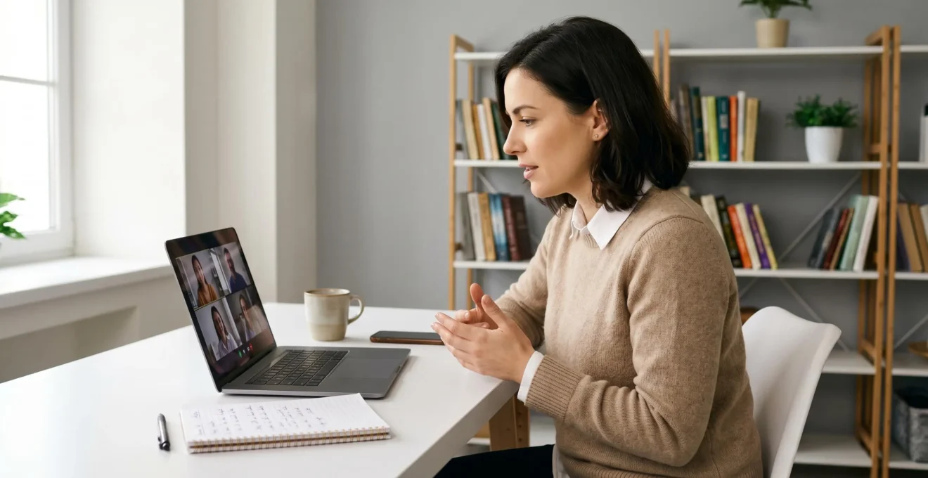 Closer professionnel en visioconférence avec client, assis à bureau contemporain avec laptop et notes manuscrites, dans espace de travail lumineux et épuré