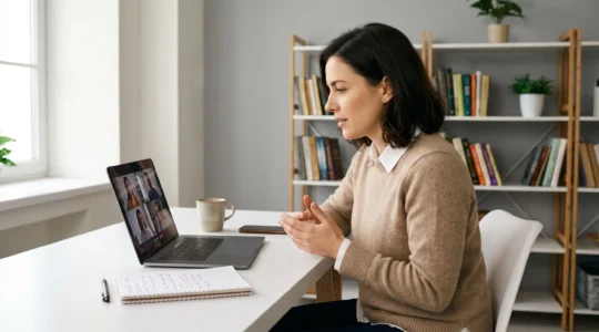 Closer professionnel en visioconférence avec client, assis à bureau contemporain avec laptop et notes manuscrites, dans espace de travail lumineux et épuré