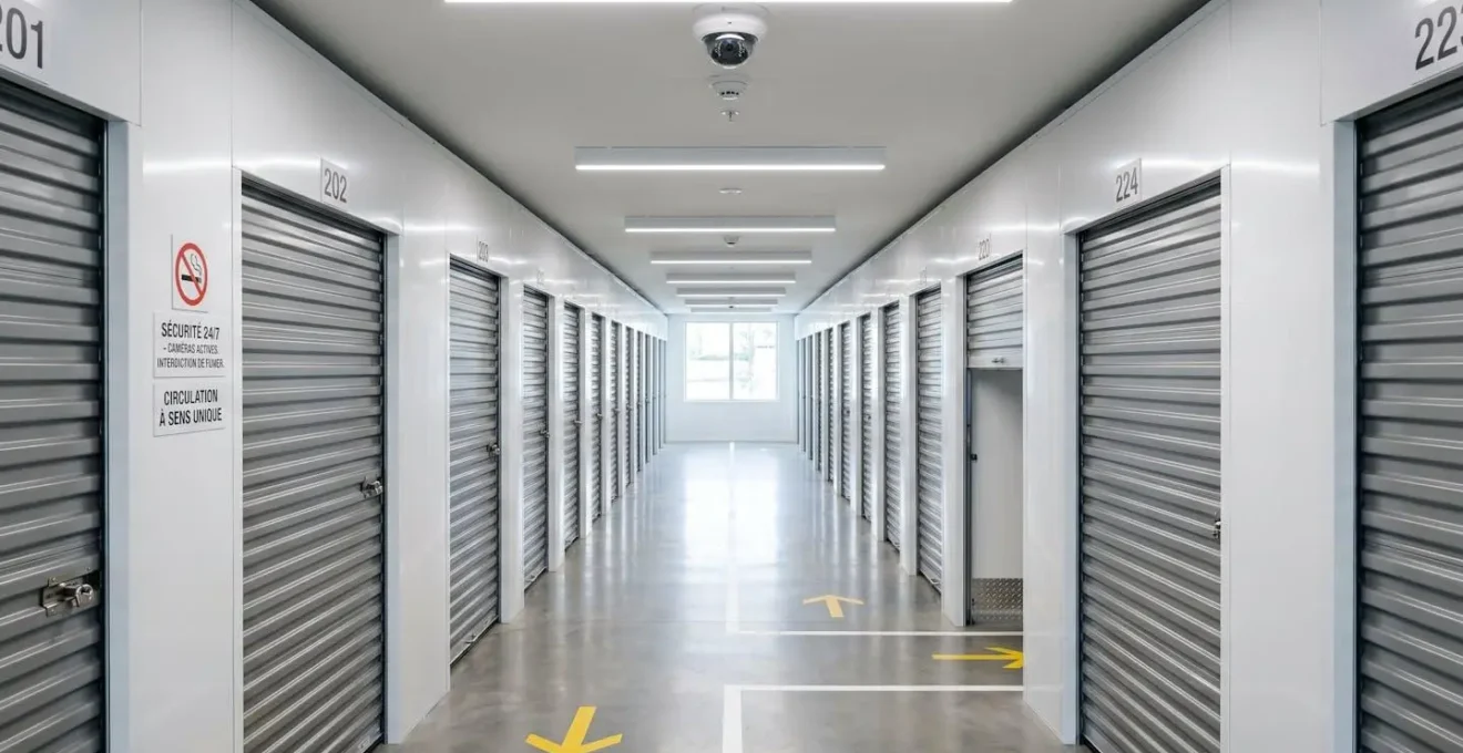 Couloir d'un centre de self-stockage moderne avec boxes métalliques sécurisés, éclairage LED et caméra de surveillance visible au plafond