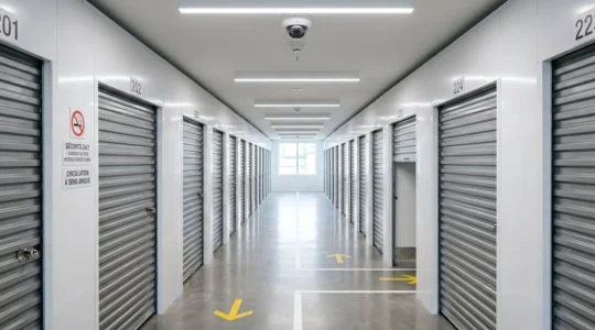 Couloir d'un centre de self-stockage moderne avec boxes métalliques sécurisés, éclairage LED et caméra de surveillance visible au plafond