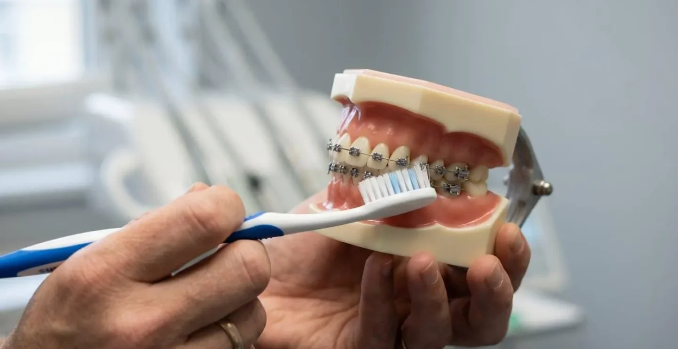 Démonstration de la technique de brossage avec appareil orthodontique : brosse à dents souple inclinée à 45 degrés contre les bagues métalliques sur un modèle pédagogique dentaire