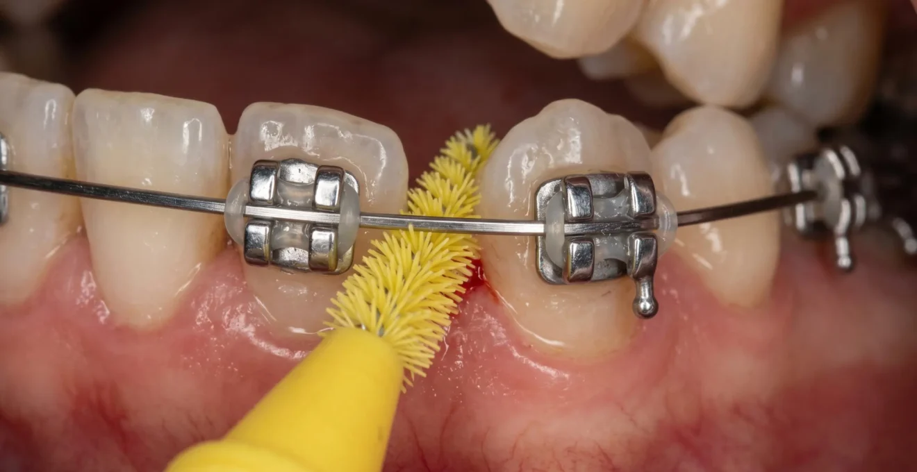 Gros plan d'une brossette interdentaire conique insérée sous le fil orthodontique entre deux bagues métalliques pour nettoyer les espaces difficiles d'accès