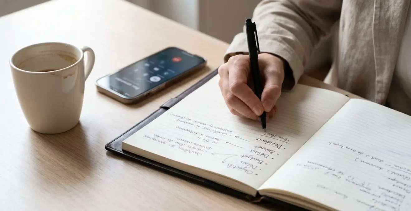 Gros plan sur mains prenant notes manuscrites structurées dans carnet professionnel lors d'appel de closing, avec smartphone en haut-parleur et café sur bureau épuré