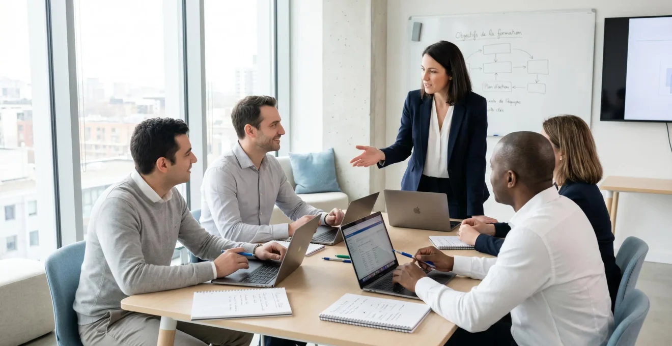 Groupe de formation au closing en salle moderne, apprenants et formateur autour d'une table collaborative avec ordinateurs et matériel pédagogique, lumière naturelle
