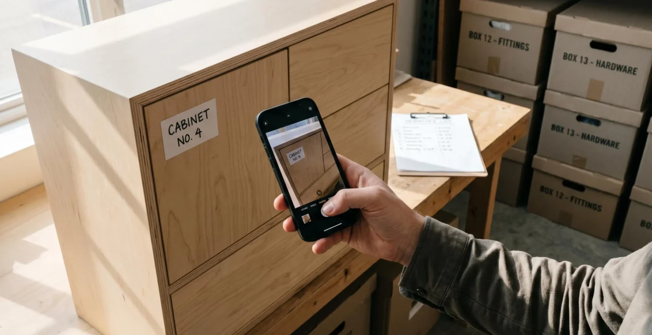 Main photographiant avec un smartphone un meuble étiqueté, avec cartons numérotés et inventaire papier en arrière-plan
