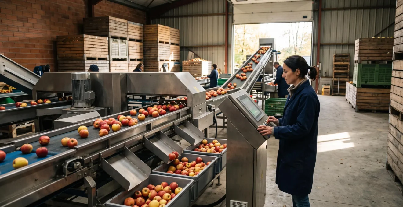 Calibreuse professionnelle en fonctionnement dans station fruitière française, avec technicienne contrôlant le tri automatique des pommes par calibre