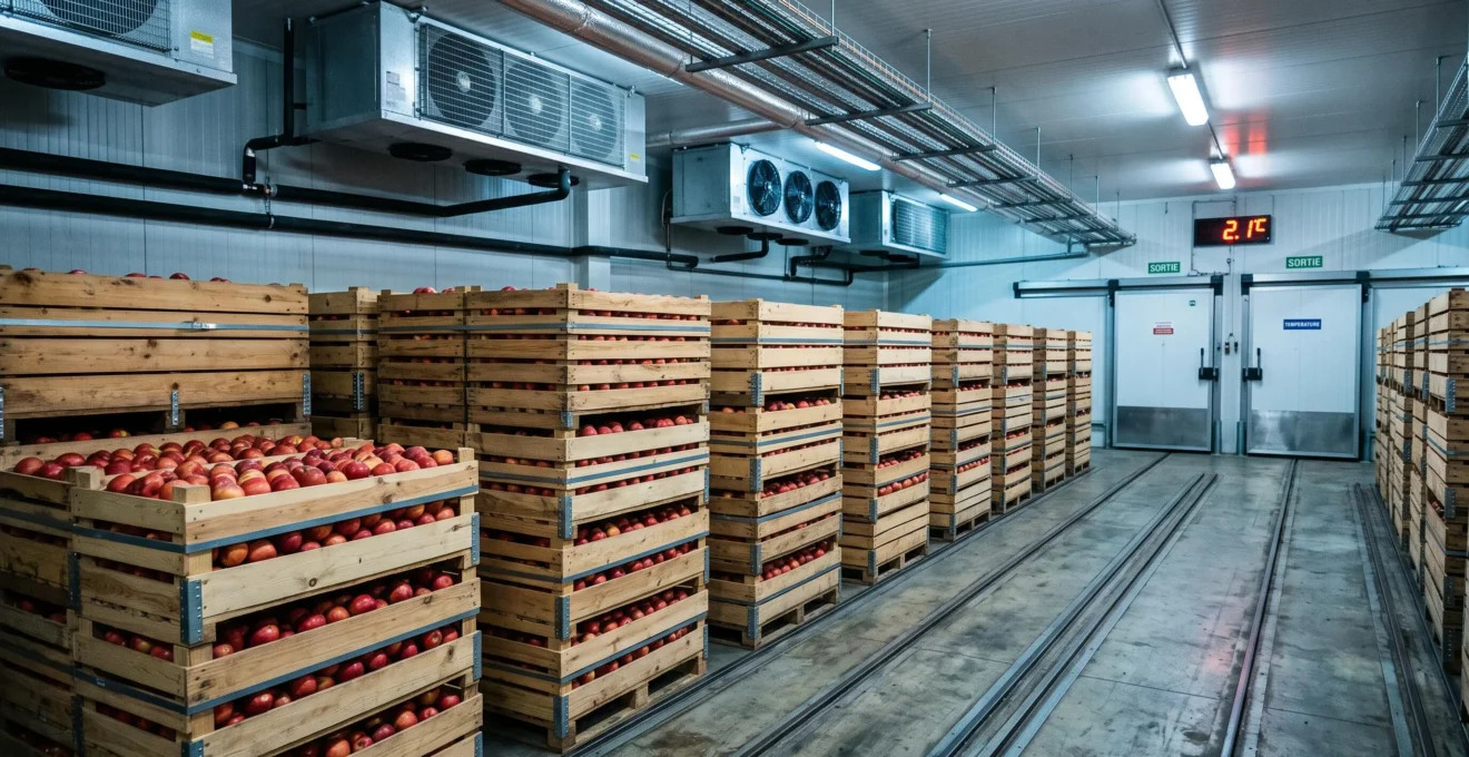 Intérieur d'une chambre froide professionnelle d'exploitation fruitière avec palox de pommes stockés, système de réfrigération au plafond et affichage température numérique