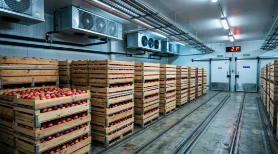 Intérieur d'une chambre froide professionnelle d'exploitation fruitière avec palox de pommes stockés, système de réfrigération au plafond et affichage température numérique