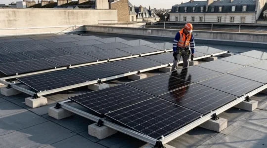 Technicien installant des panneaux photovoltaïques sur un toit plat avec système de bacs lestés