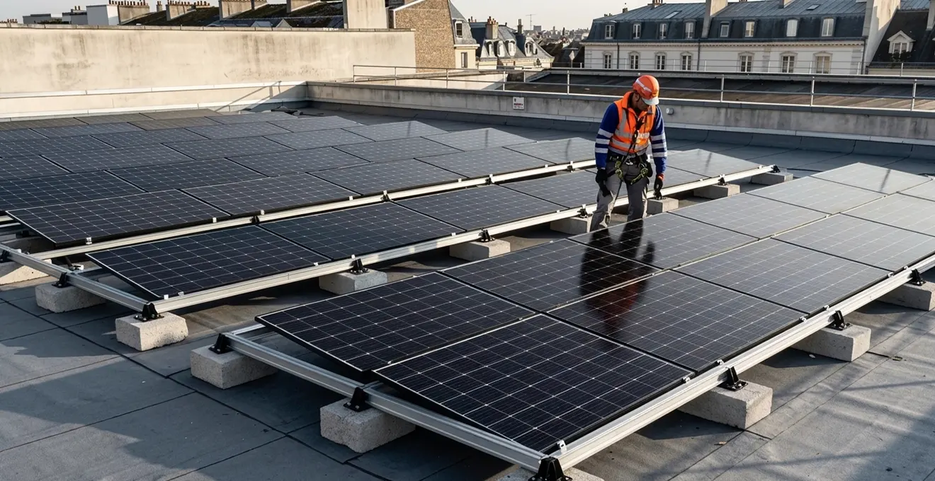 Technicien installant des panneaux photovoltaïques sur un toit plat avec système de bacs lestés