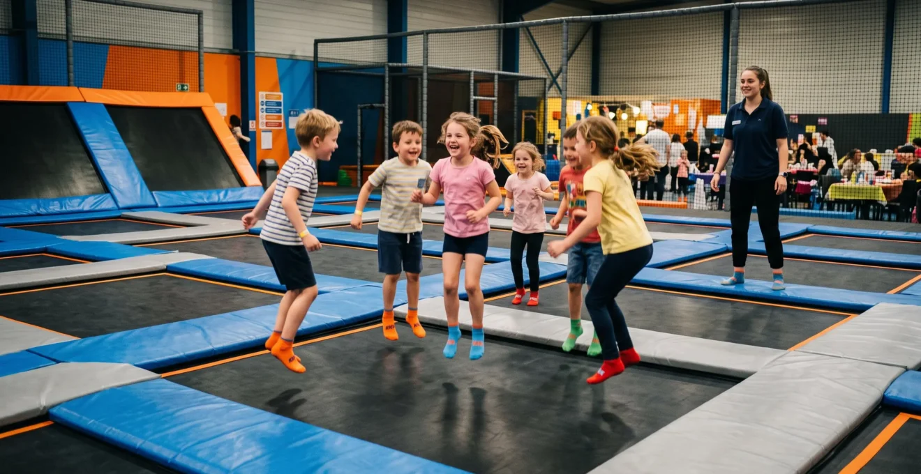 Des enfants chaussettes antidérapantes aux pieds sautent sur les trampolines lors d'un anniversaire dans un parc de trampolines.