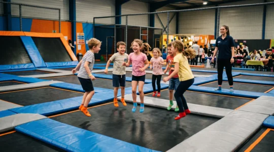 Des enfants chaussettes antidérapantes aux pieds sautent sur les trampolines lors d'un anniversaire dans un parc de trampolines.