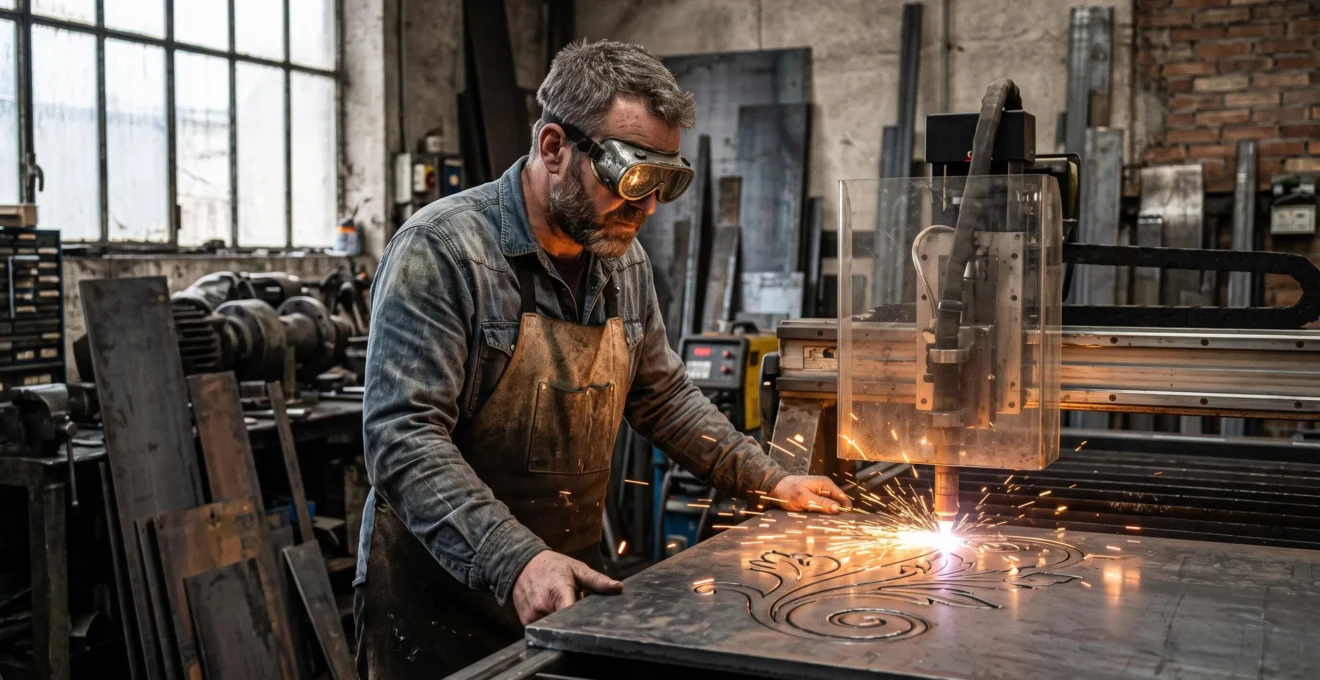 Un artisan découpe un motif décoratif dans un panneau de portail en acier à la station de découpe plasma.