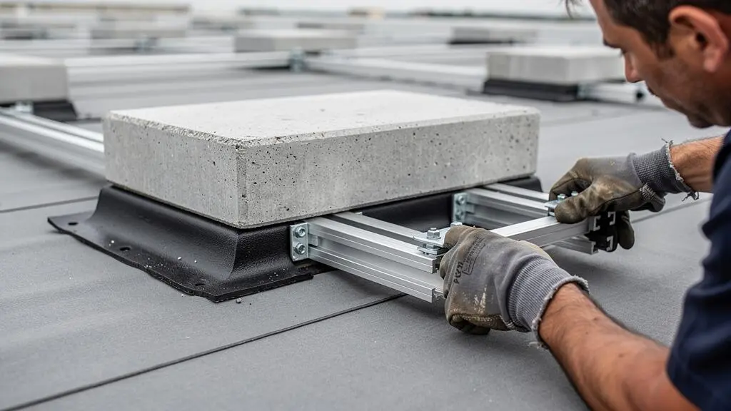 Gros plan sur un bac lesté fixant les panneaux solaires sur un toit plat sans perçage