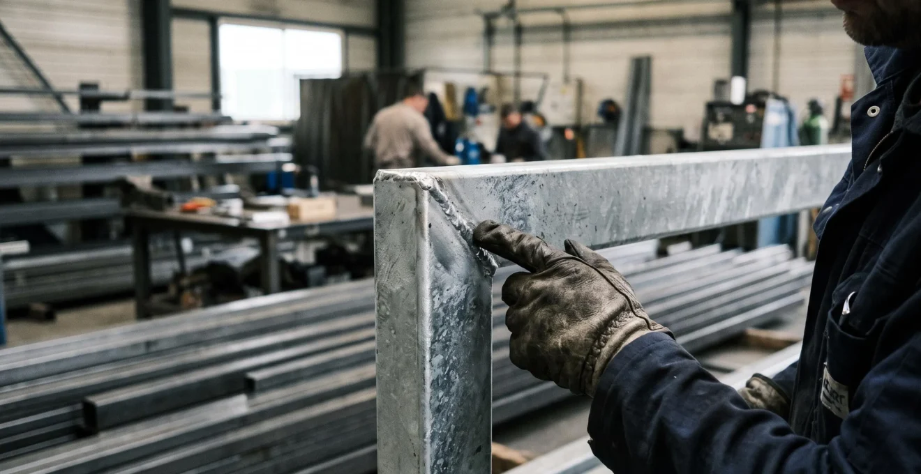 Gant de métallier effleurant la soudure galvanisée d'un cadre de portail en acier dans un atelier.