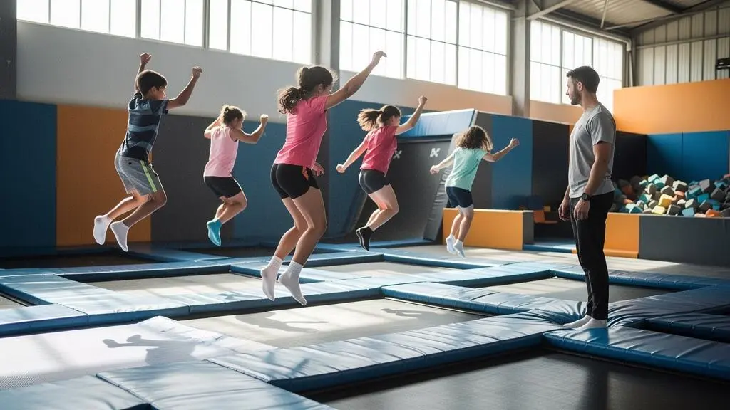 Des enfants de 6 à 12 ans sautent sur les trampolines d'un parc indoor sous la surveillance d'un encadrant.