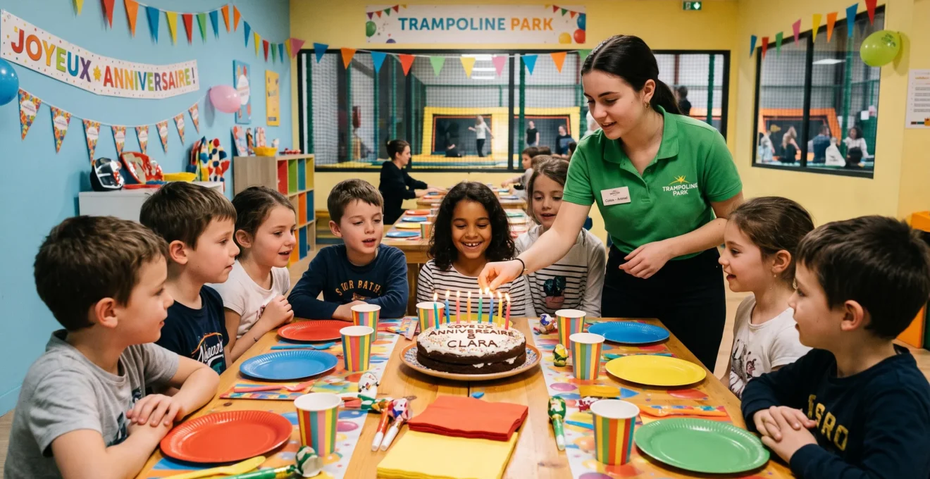 Des enfants autour d'une table regardent un animateur allumer les bougies du gâteau d'anniversaire dans une salle réservée.