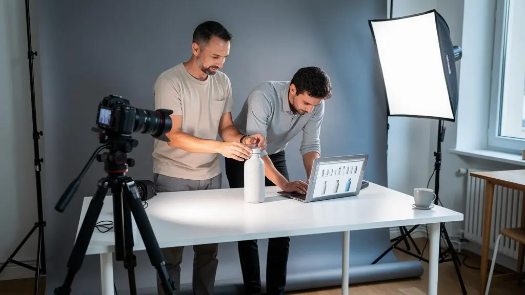 Un photographe ajuste un produit sur une table de prise de vue pendant qu'un collègue vérifie les visuels sur un ordinateur portable, dans un studio e-commerce.