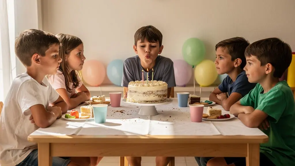 Des enfants assis autour d'une table d'anniversaire soufflent les bougies d'un gâteau dans une salle réservée d'un parc indoor.