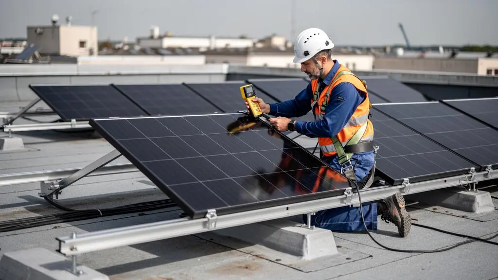 Technicien vérifiant l'inclinaison et l'orientation des panneaux solaires avec un instrument de mesure