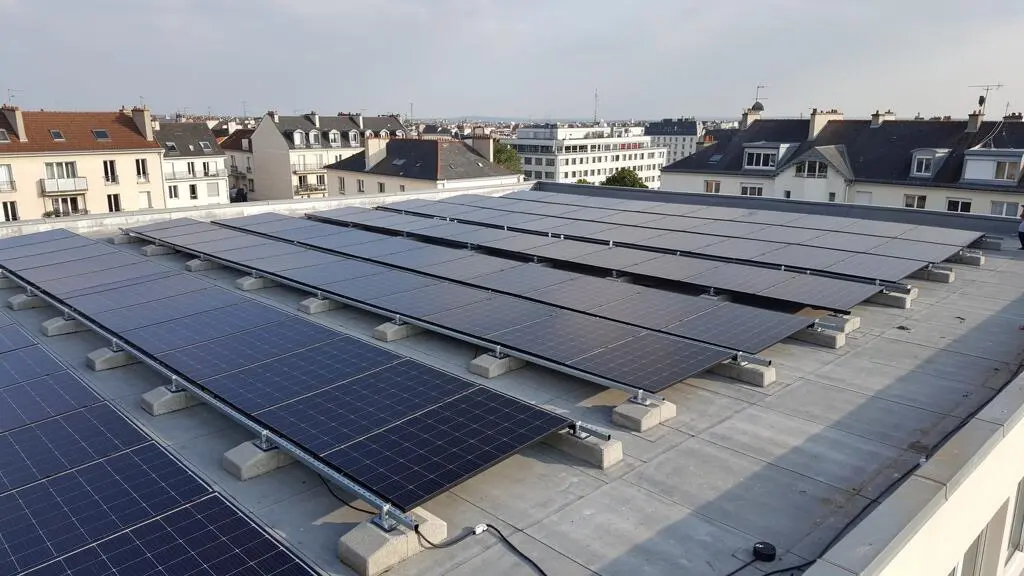 Vue d'ensemble d'une installation de panneaux photovoltaïques en exploitation sur un toit plat en milieu urbain français